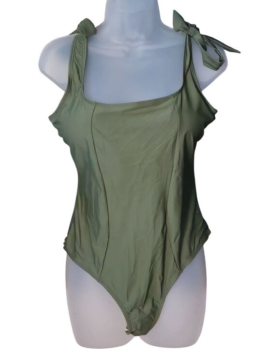 Aimage Other - Square Neck One-Piece Swimsuit XL Green Tie-Strap Ruched Lined Removable Cups